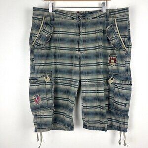 VTG Y2K Fusai Striped Cargo Shorts Men 38 Eagle Wings Distressed Mallgoth Grunge